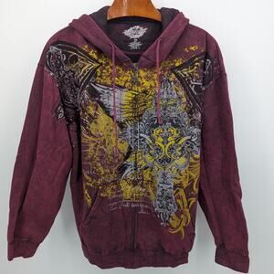 Theology Hoodie XL Zip Up Maroon Mineral Wash Graphic Wings Cross Y2K Grunge